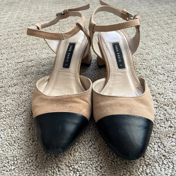 Zara Leather Slingback Block Heel Pump Strappy Beige Black Designer Size 6.5